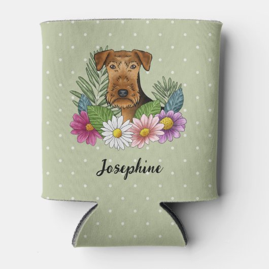 Airedale Terrier Hondenkop Kleurrijke Bloemen Groe Blikjeskoeler (Voorkant)
