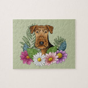 Airedale Terrier Hondenkop Kleurrijke Bloemen Groe Legpuzzel