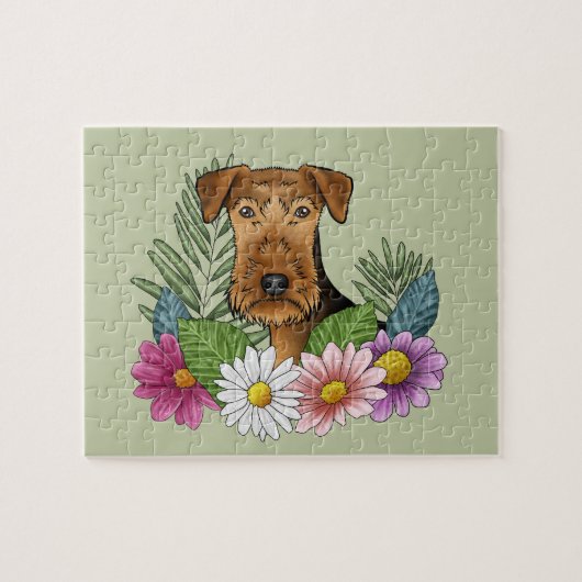 Airedale Terrier Hondenkop Kleurrijke Bloemen Groe Legpuzzel (Horizontaal)