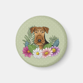 Airedale Terrier Hondenkop Kleurrijke Bloemen Groe Magneet