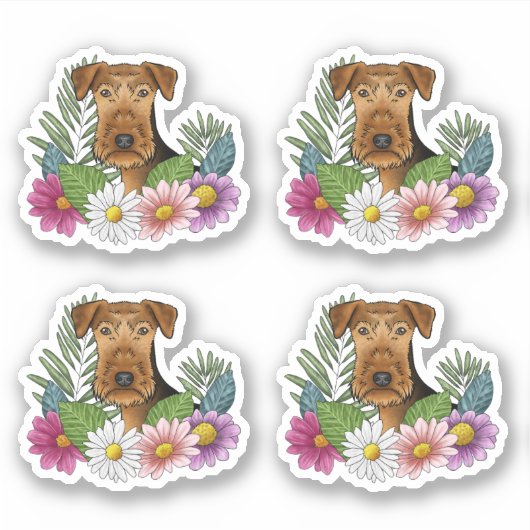 Airedale Terrier Hondenkop Kleurrijke Zomerbloemen Sticker (Voorkant)