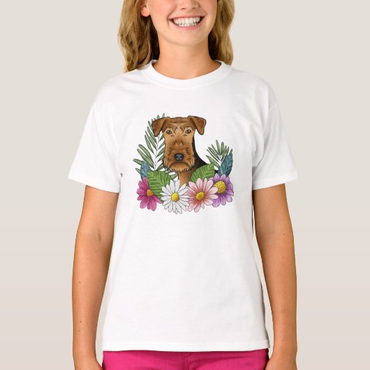 Airedale Terriër Hoofd en Bloemen van de Bloemen v T-shirt (Voorkant)