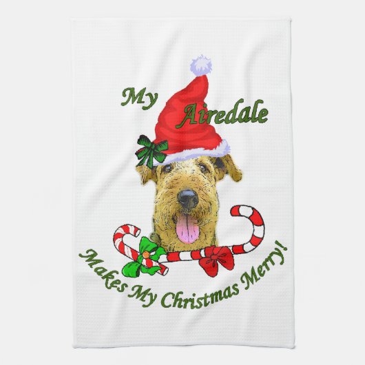 Airedale Terrier kerst Merry Theedoek (Verticaal)