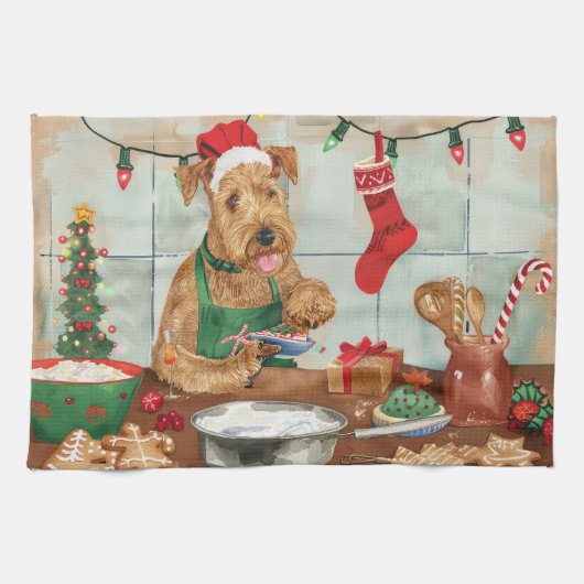 Airedale Terrier Kerstbakfeest: Festieve Kerstmis Theedoek (Horizontaal)
