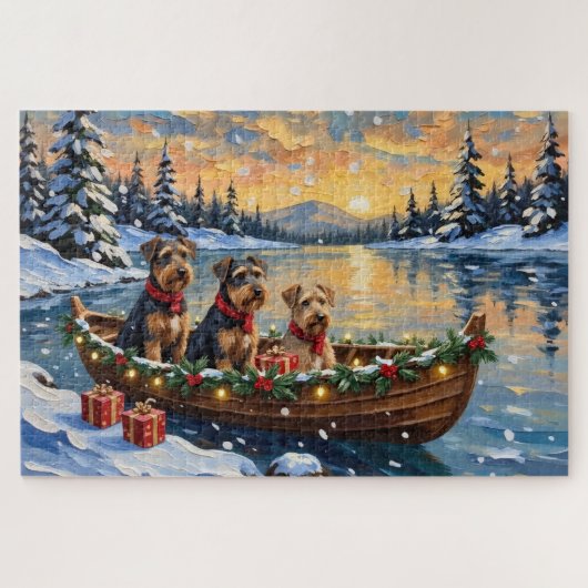 Airedale Terrier Kerstboot Vakantie Legpuzzel (Horizontaal)