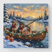Airedale Terrier Kerstboot Vakantie Vierkante Klok (Voorkant)