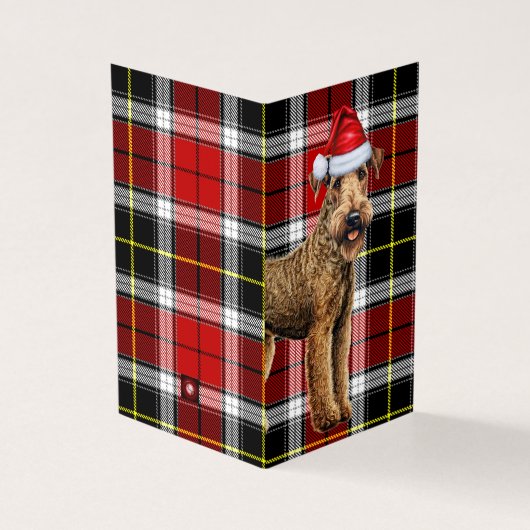 Airedale Terrier Kersthond met Holiday Plaid Kaart (Buitenkant)
