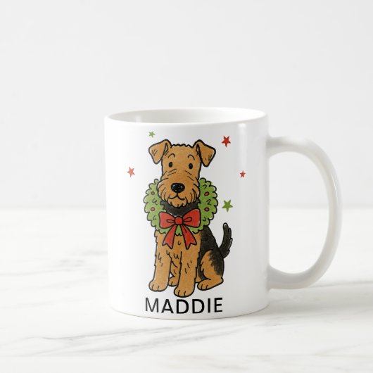 Airedale Terrier Kerstkrans & Rode Strik Koffiemok (Rechts)