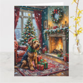 Airedale Terrier Kerstmis Victoriaanse Woonkamer Kaart (Gele Bloem)