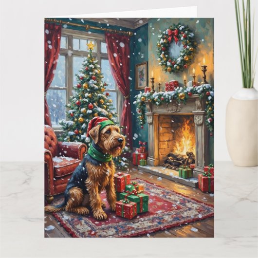 Airedale Terrier Kerstmis Victoriaanse Woonkamer Kaart (Voorkant)