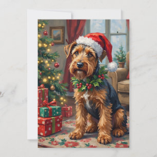 Airedale Terrier Kerstmuts Kerstpret Fun Kunst Feestdagenkaart