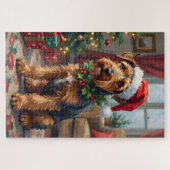 Airedale Terrier Kerstmuts Kerstpret Fun Kunst Legpuzzel (Horizontaal)