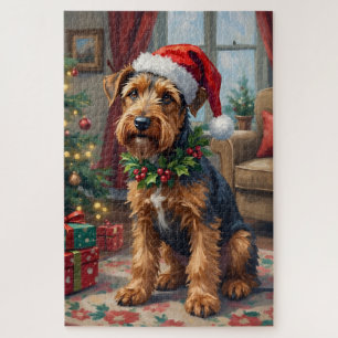 Airedale Terrier Kerstmuts Kerstpret Fun Kunst Legpuzzel