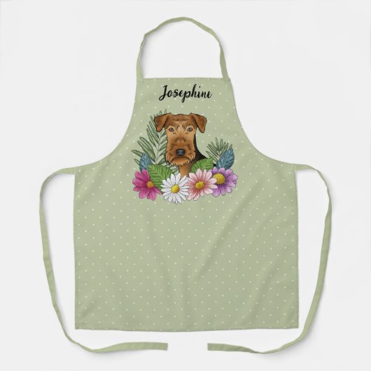 Airedale Terrier Kleurrijke Bloemen en Naam Groen Schort (Voorkant)