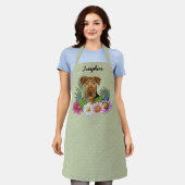 Airedale Terrier Kleurrijke Bloemen en Naam Groen Schort (Gedragen)