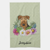 Airedale Terrier Kleurrijke Bloemen en Naam Groen Theedoek (Verticaal)