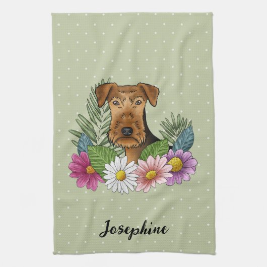 Airedale Terrier Kleurrijke Bloemen en Naam Groen Theedoek (Verticaal)