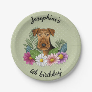 Airedale Terrier Kleurrijke Bloemen Gelukkige Verj Papieren Bordje