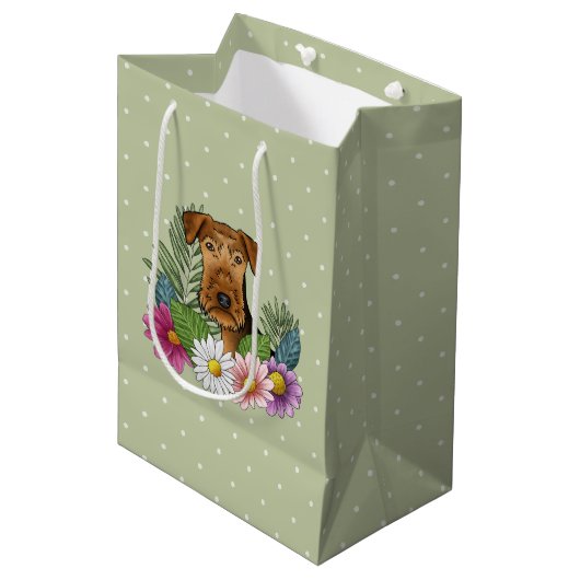 Airedale Terrier Kleurrijke Bloemen Groen Medium Cadeauzakje (Voorkant Gekanteld)