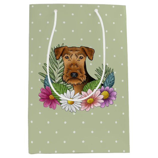 Airedale Terrier Kleurrijke Bloemen Groen Medium Cadeauzakje (Voorkant)