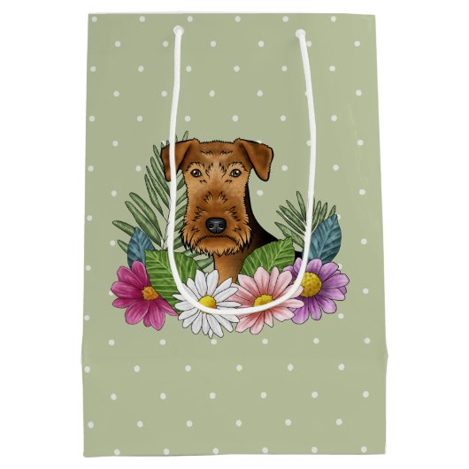 Airedale Terrier Kleurrijke Bloemen Groen Medium Cadeauzakje (Achterkant)