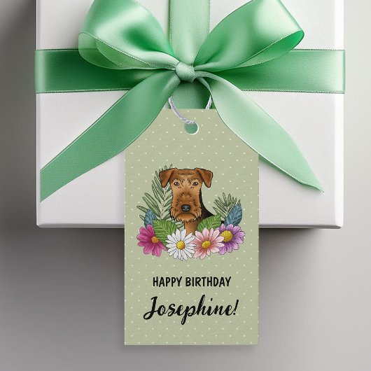 Airedale Terrier Kleurrijke Bloemen Verjaardag Gro Cadeaulabel