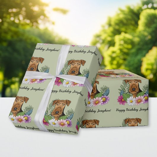 Airedale Terrier Kleurrijke Bloemen Verjaardag Gro Cadeaupapier