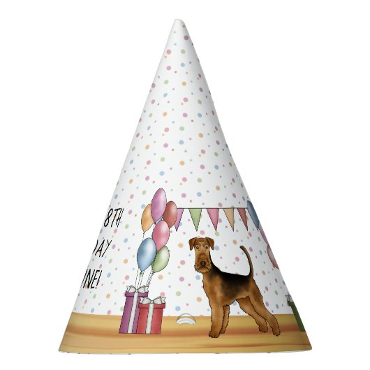 Airedale Terrier Kleurrijke Pastel Gelukkige Verja Feesthoedjes (Rechts)