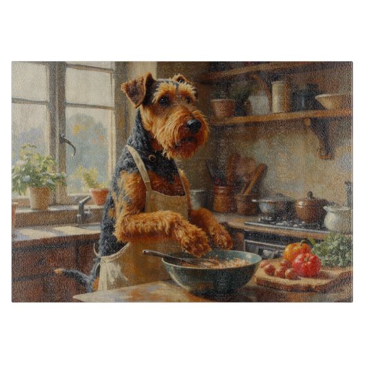 Airedale Terrier Kookt in Keuken Snijplank (Voorkant)