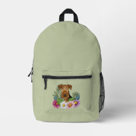 Airedale Terrier Kop Met Kleurrijke Zomerbloemen Bedrukte Rugzak
