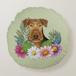 Airedale Terrier Kop Met Kleurrijke Zomerbloemen Rond Kussen