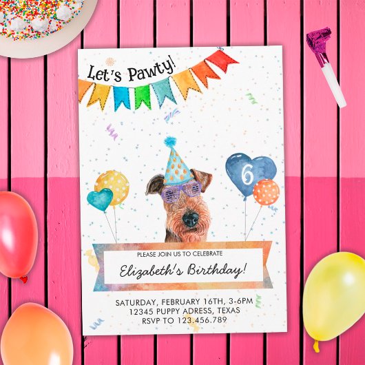 Airedale Terrier Lets Pawty Dog Birthday Party Kaart