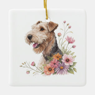 Airedale-terriër met bloemen keramisch ornament