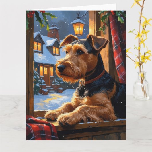 Airedale Terrier met kerstverlichting Vakantie Kaart (Gele Bloem)