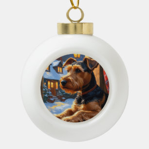 Airedale Terrier met kerstverlichting Vakantie  Keramische Bal Ornament