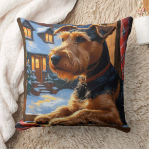 Airedale Terrier met kerstverlichting Vakantie  Kussen