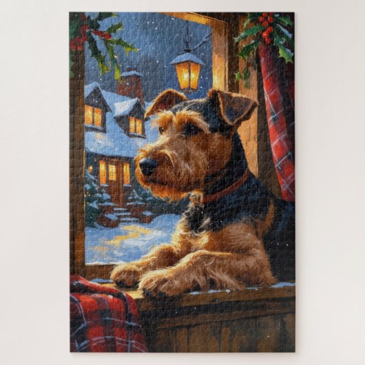 Airedale Terrier met kerstverlichting Vakantie Legpuzzel (Verticaal)