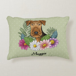 Airedale Terrier met kleurrijke bloemen en naam Accent Kussen
