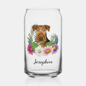 Airedale Terrier met kleurrijke bloemen en naam Blikvorm Glas (Voorkant)