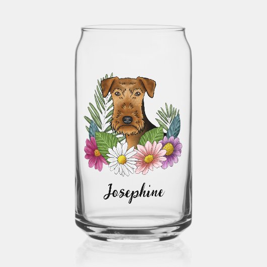 Airedale Terrier met kleurrijke bloemen en naam Blikvorm Glas (Voorkant)