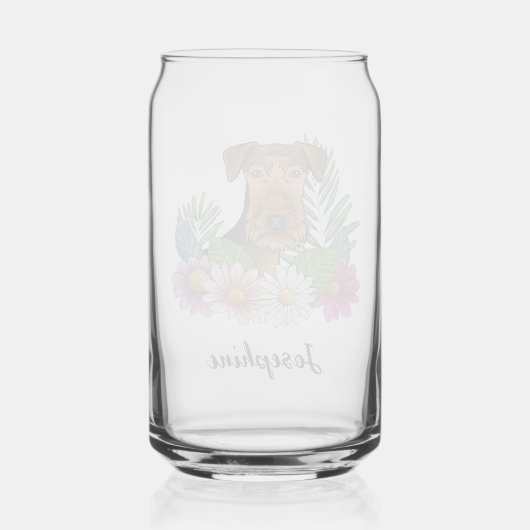 Airedale Terrier met kleurrijke bloemen en naam Blikvorm Glas (Achterkant)