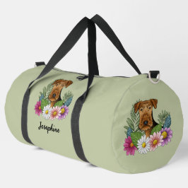 Airedale Terrier Met Kleurrijke Bloemen En Naam Plunjezak