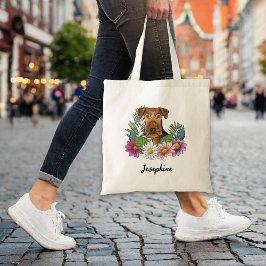 Airedale Terrier met kleurrijke bloemen en naam Tote Bag