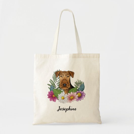 Airedale Terrier met kleurrijke bloemen en naam Tote Bag (Voorkant)