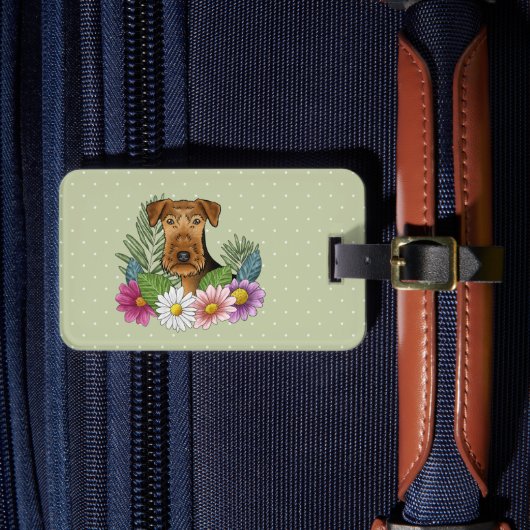 Airedale Terrier met kleurrijke bloemen en tekst Bagagelabel (Voorkant Insitu 4)