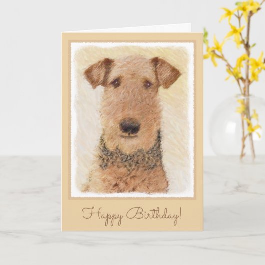Airedale Terrier Painting - Cute Original Art Kaart (Gele Bloem)