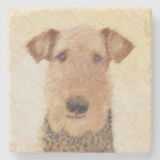 Airedale Terrier Painting - Cute Original Art Stenen Onderzetter (Voorkant)