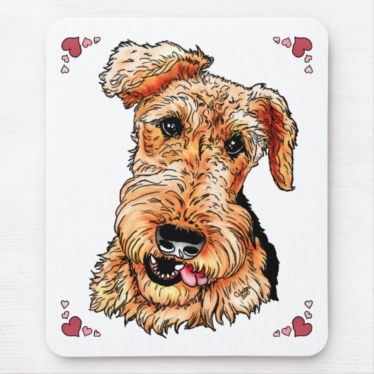 Airedale Terrier Pink Hearts Valentijnsdag Muismat (Voorkant)