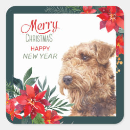 Airedale Terrier Poinsettia Border Kerstmis Vierkante Sticker