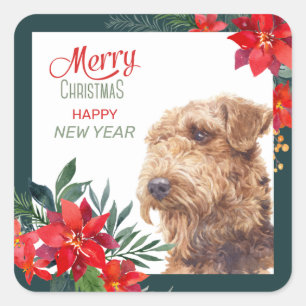 Airedale Terrier Poinsettia Border Kerstmis Vierkante Sticker